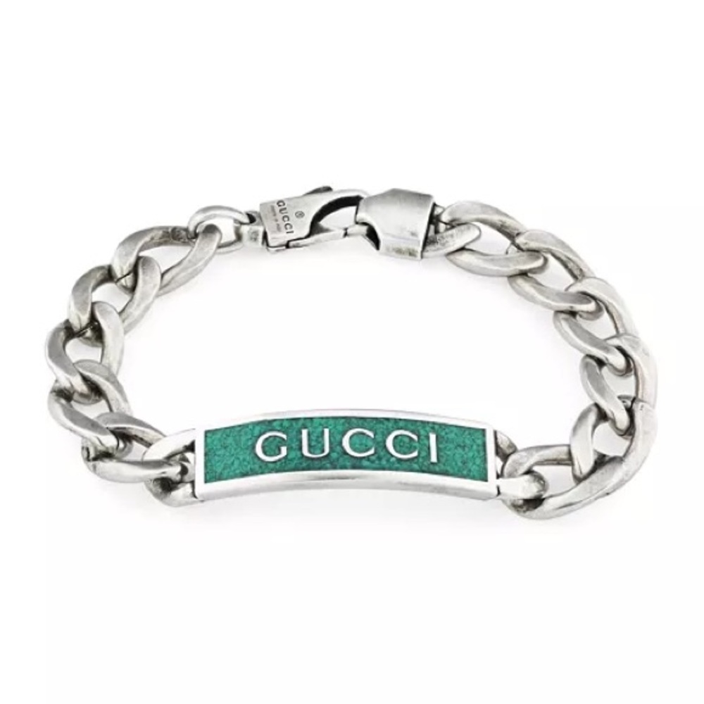 Gucci Sterling Silver Turquoise Enamel Logo ID Bracelet Sz 17 BNIB ITALY